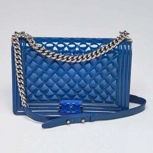 Chanel Blue Quilted Patent Leather New Medium Plexiglass Boy Bag